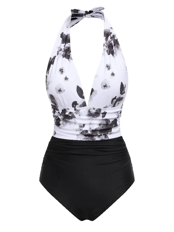 White 1940s Chinese Paint Halter Swimsuit Trendy Women's Oversized
