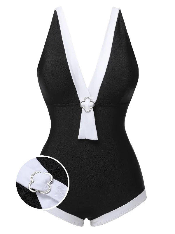 Black 1960s V-Neck Patchwork One-Piece Swimsuit Stylish Women's Neon