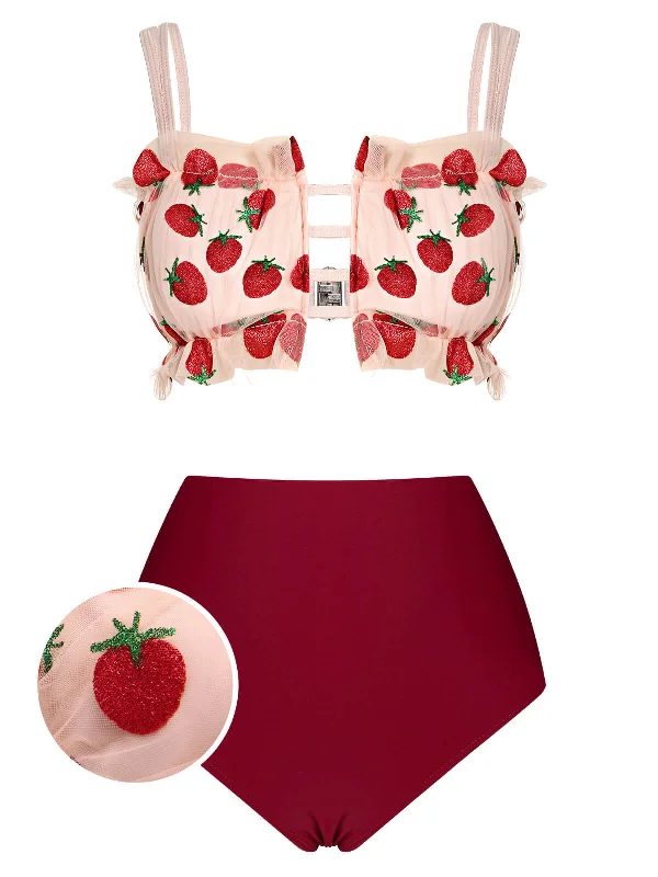 Red 1940s Strawberry Mesh Strap Swimsuit Luxurious Women's High -  end