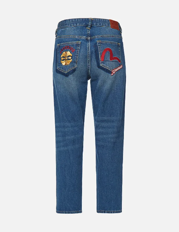 Kamon and Seagull Embroidered Relax-Cut Denim Jeans Bold Women's Animal Print