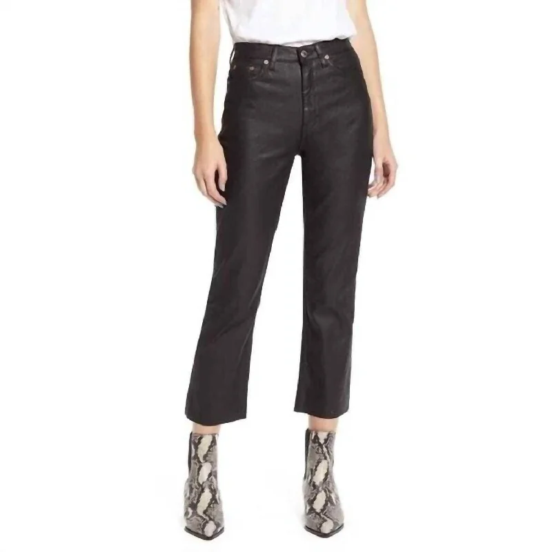 High Rise Raw Hem Cropped Straight Leg Jeans In Black Casual Women's Japanese 
