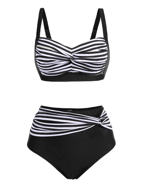 1950s Stripe Twisted Patchwork Strap Swimsuit Dynamic Women's High - energy