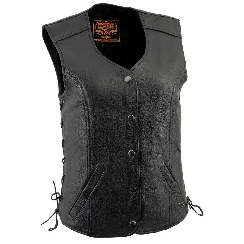 Milwaukee Leather LKL4700 Women's Black Leather Side Laces Round V-Neck Motorcycle Rider Vest with 4-Snaps Closure Hip Women's Retro Milwaukee Leather LKL4700 Women's Black Leather Side Laces Round V-Neck Motorcycle Rider Vest with 4-Snaps Closure Hip Women's Retro