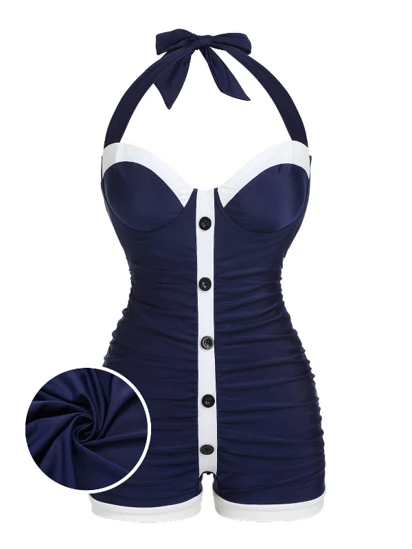[Plus Size] Navy Blue 1950s Pleated Halter Swimsuit performance