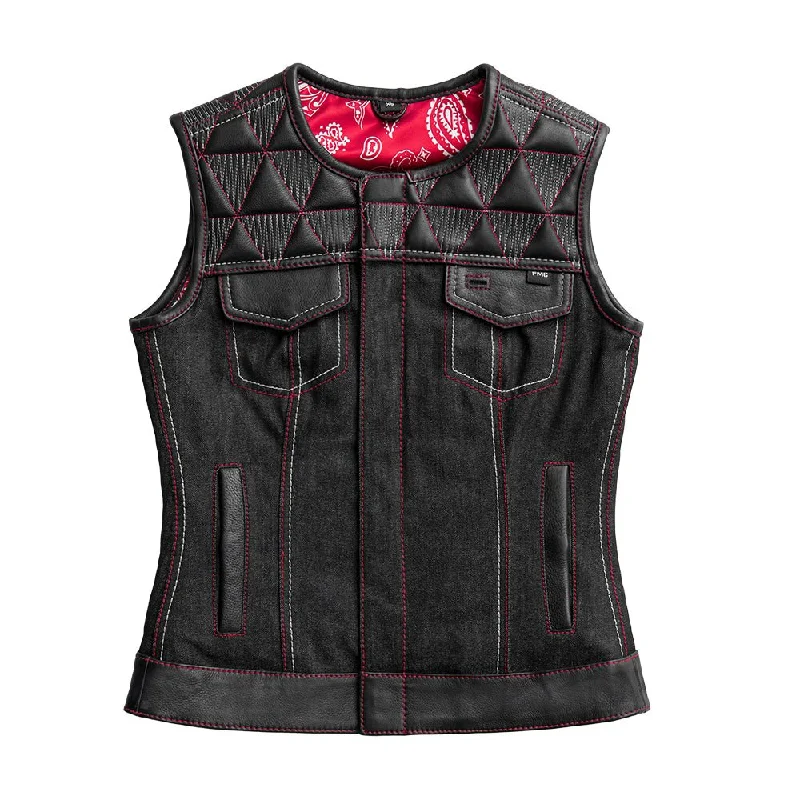 Delta Women's Club Style Motorcycle Leather/Denim Vest - Limited Edition Dapper Women's 1920S Delta Women's Club Style Motorcycle Leather/Denim Vest - Limited Edition Dapper Women's 1920S