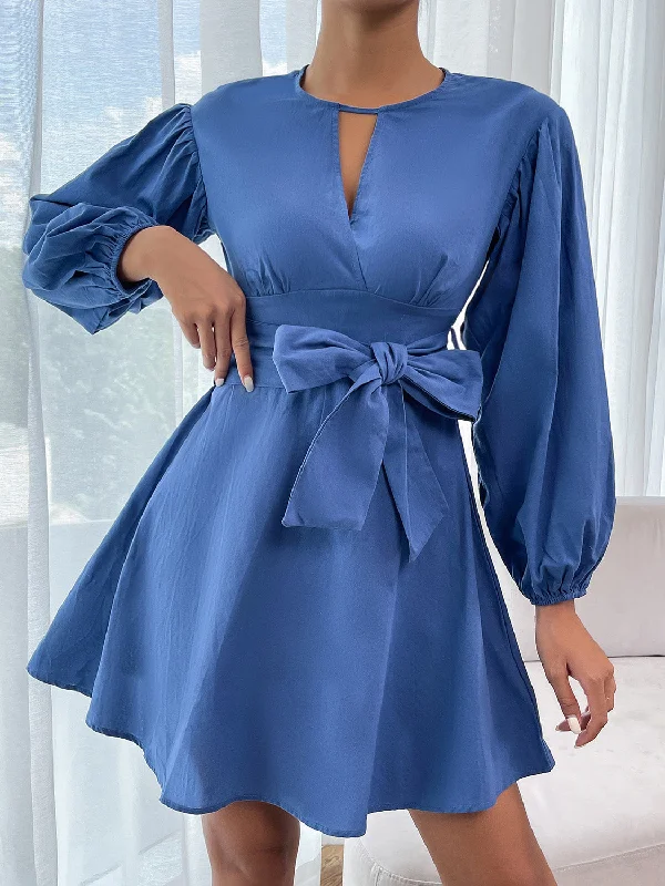 Round Neck Tie Waist Long Sleeve Mini Dress Refined Women's Velvet