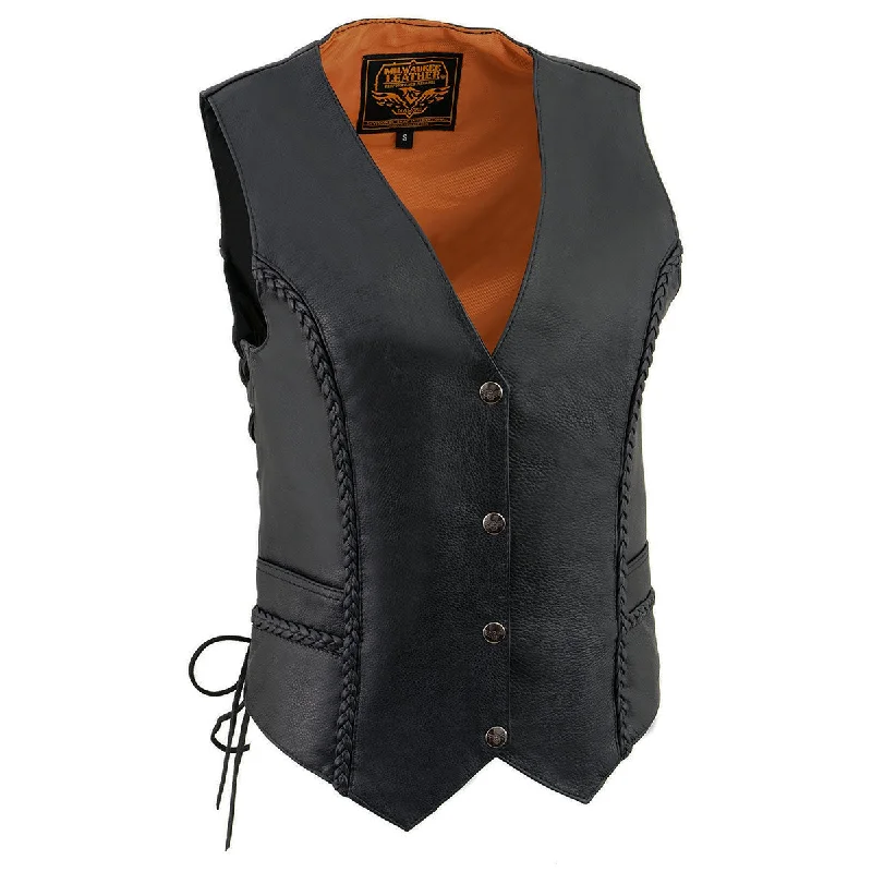 Milwaukee Leather ML1255 Women's Black Braided Premium Leather Side Lace Motorcycle Rider Vest w/ Front Snap Closure Trendy Women's Oversized Milwaukee Leather ML1255 Women's Black Braided Premium Leather Side Lace Motorcycle Rider Vest w/ Front Snap Closure Trendy Women's Oversized