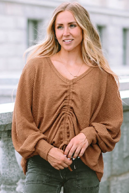 Drawstring Ruched V-Neck Blouse Traditional Women's Wool