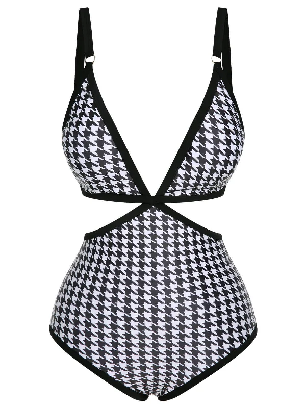 Black 1950s Houndstooth Waist Cutout Swimsuit Casual Women's Loose - fitting