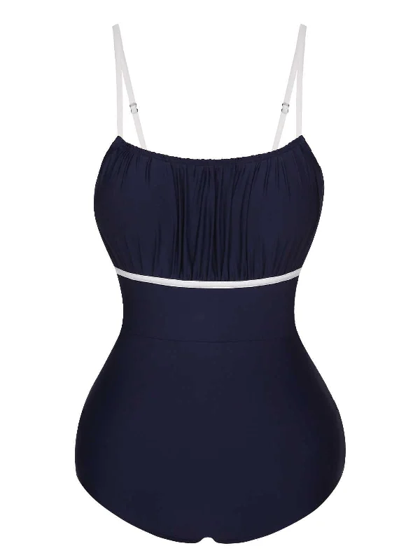 Dark Blue 1930s Spaghetti Strap Pleated Swimsuit Edgy Women's Punk