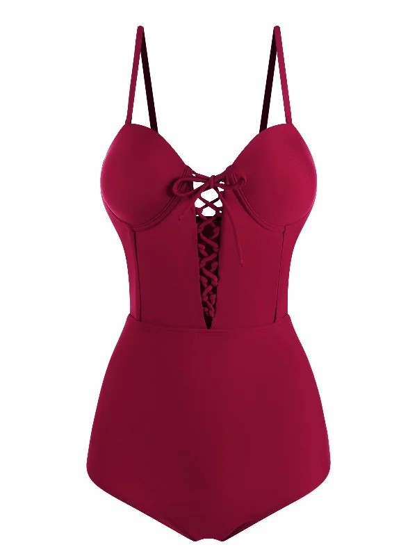 Wine Red 1960s Solid Spaghetti Strap One-piece Swimsuit Sporty Women's Tennis