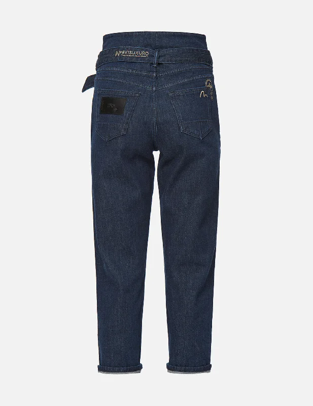 Leather Badge Relaxed Fit Belted Jeans Minimalist Women's Casual
