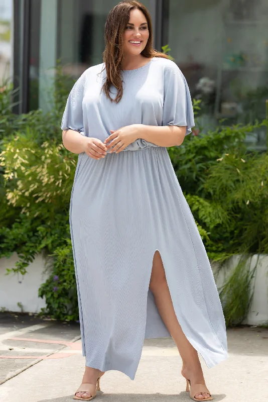 Plus Size Round Neck Split Flutter Sleeve Maxi Dress Modern Women's 