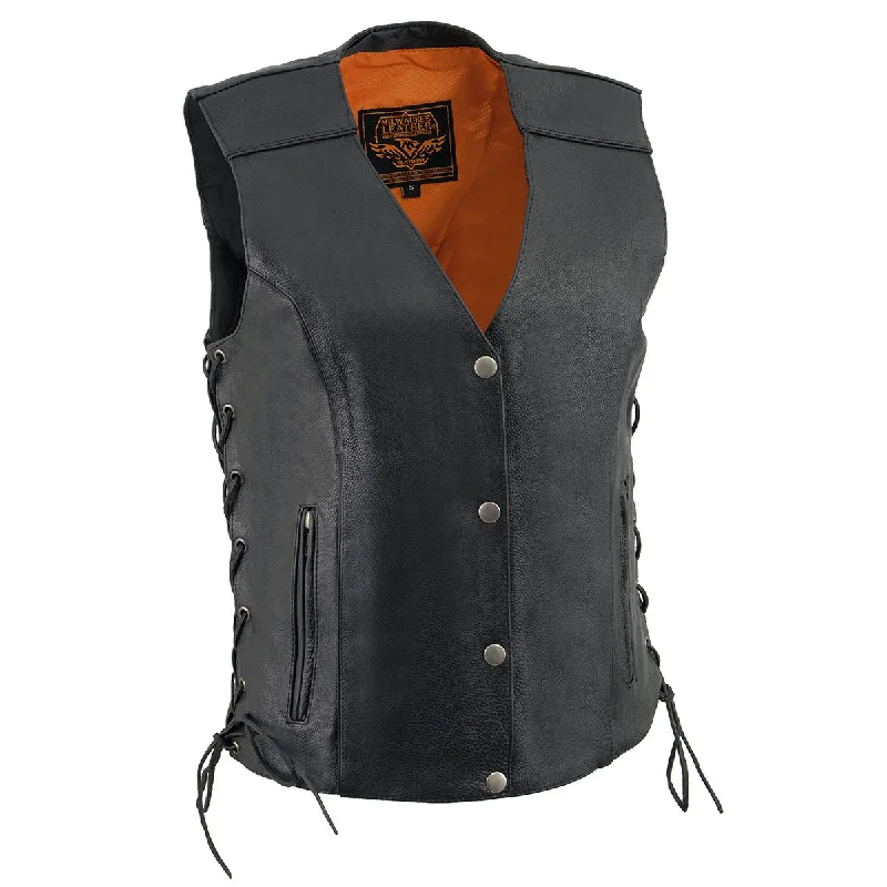 Milwaukee Leather MLL4500 Women's Black Leather Classic V-Neck Side Lace Motorcycle Rider Vest W/Front Snap Closure Polished Women's Silk Milwaukee Leather MLL4500 Women's Black Leather Classic V-Neck Side Lace Motorcycle Rider Vest W/Front Snap Closure Polished Women's Silk