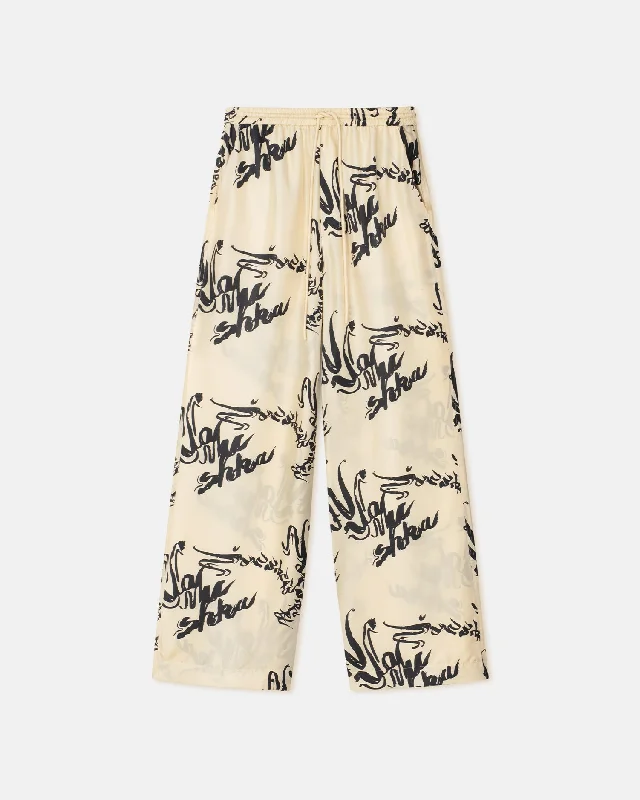 Jarine - Printed Twill Silk Pants - Calligraphy Creme Dapper Women's Bow - adorned