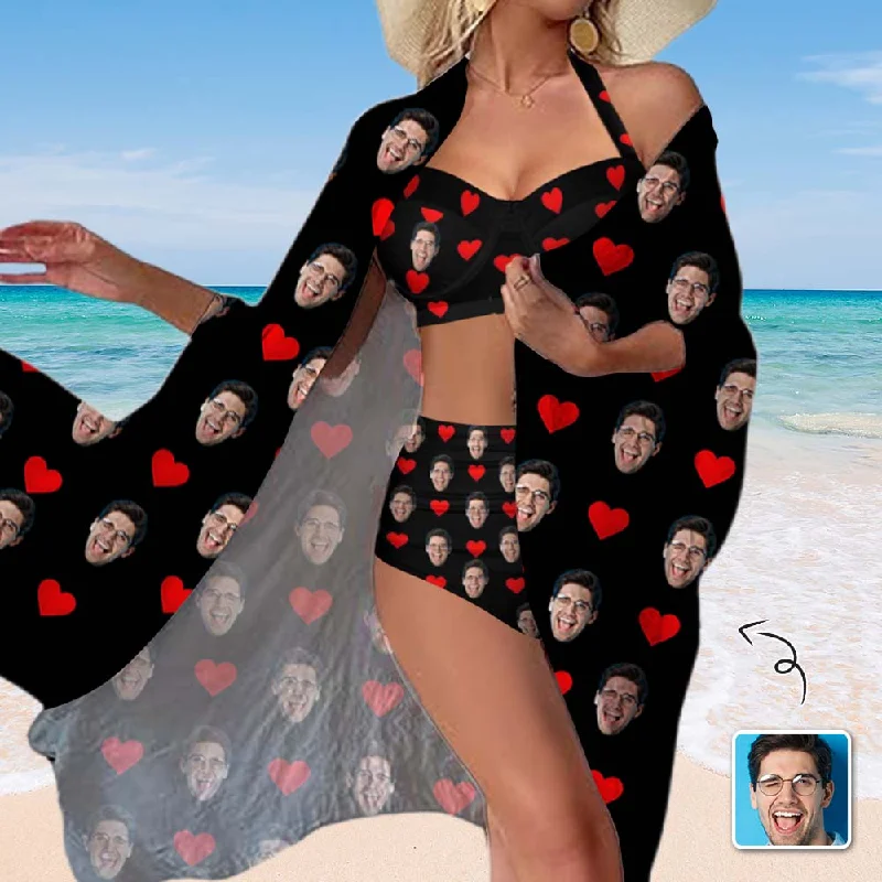 Custom Face Love Heart Women's Bikini Swimsuit Long Short Kimono Chiffon Blouse Set Athletic Women's 