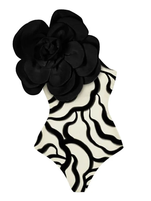 Black 1940s 3D Camellia One Shoulder Swimsuit Dynamic Women's High - energy