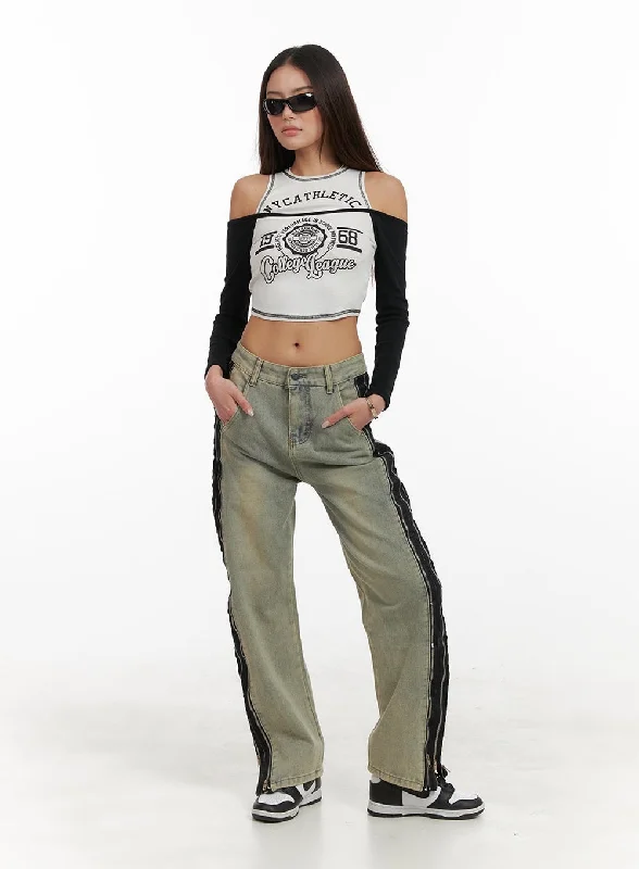 Zipper Washed Straight Jeans CA430 Rugged Women's Outdoor 