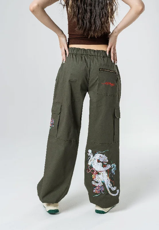 Womens Mystic Panther Cargo Pants Trousers - Olive Classic Women's Pin - striped