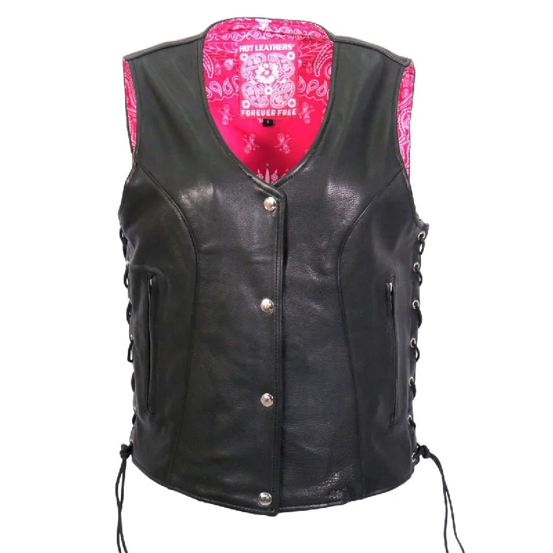 Hot Leathers VSL1018 Ladies 'Pink Paisley' Lined Black Leather MC Vest Feminine Women's Soft Hot Leathers VSL1018 Ladies 'Pink Paisley' Lined Black Leather MC Vest Feminine Women's Soft