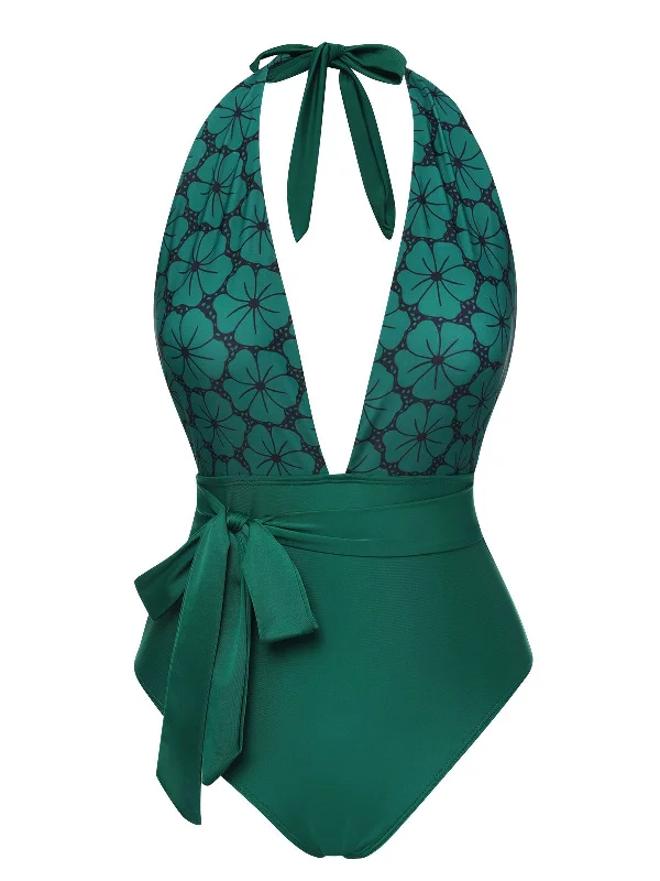 Green 1940s Floral Deep V-Neck Halter Swimsuit Bold Women's Animal Print