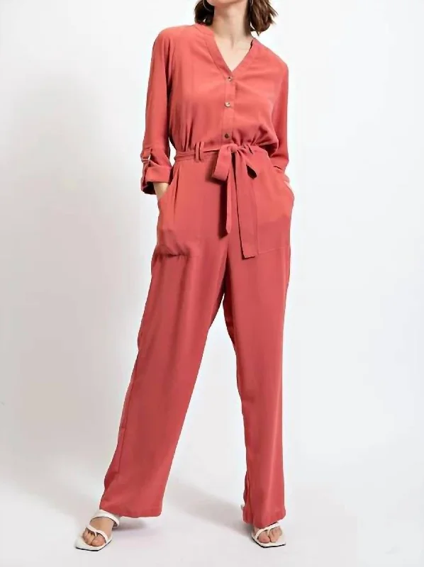Roll Sleeve Waist Tie Jumpsuit In Dark Rose Preppy Women's College