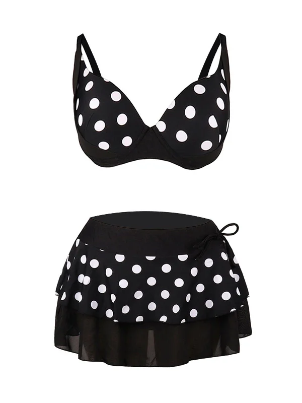 Black 1960s Polka Dot Bikini Set with Skirt Hip Women's Urban