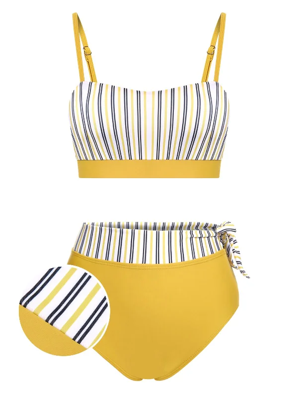 2PCS Yellow 1940s Striped Patchwork Swimsuit Traditional Women's 