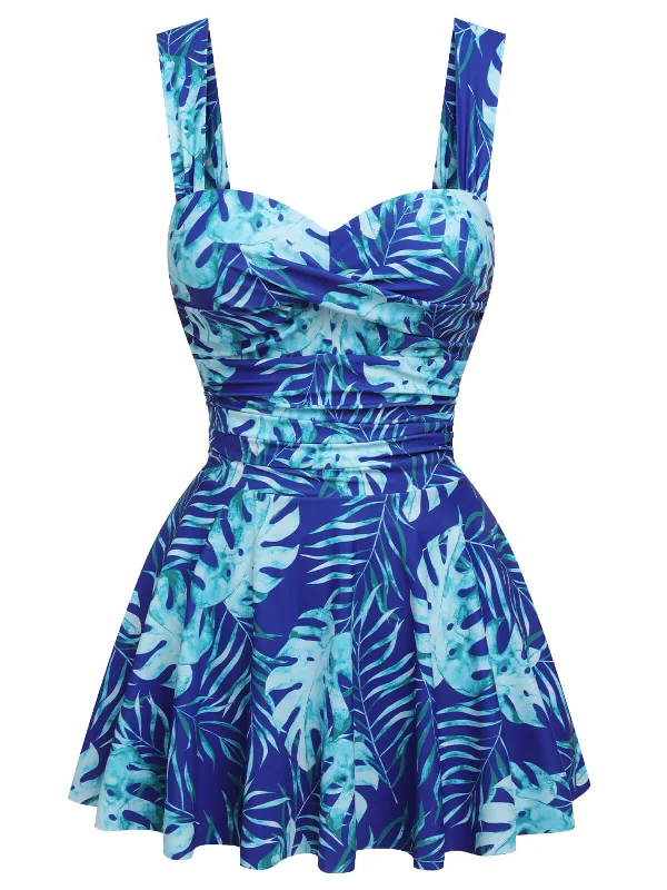 Royal Blue 1960s Tropical Plants Swimsuit Set Rugged Women's Outdoor 