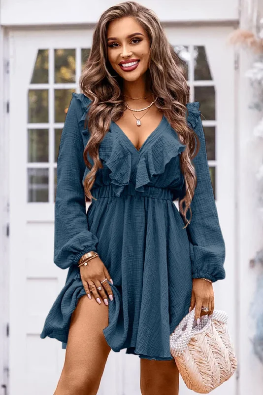 Ruffle Trim V-Neck Long Sleeve Mini Dress Geometric