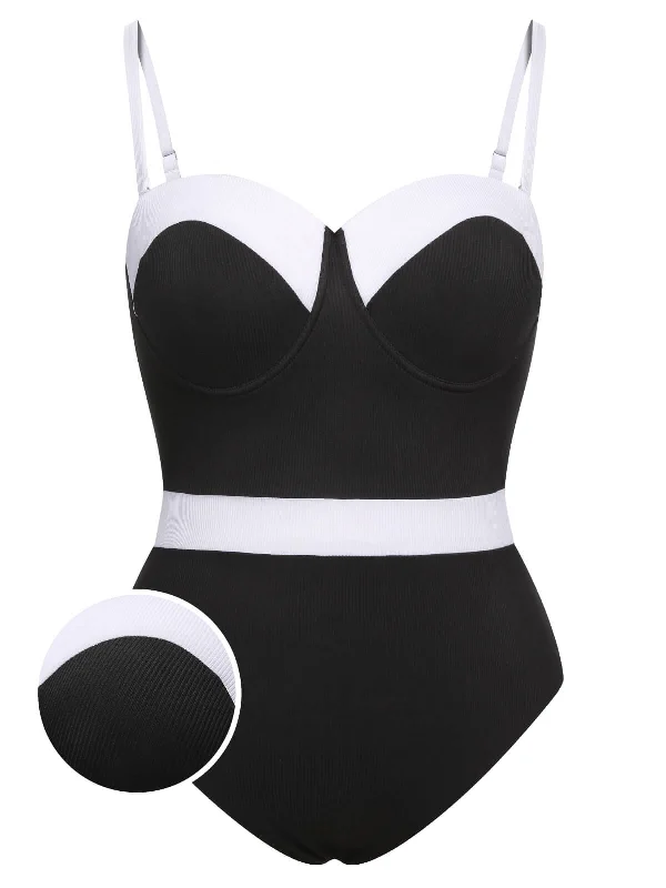 [Plus Size] Black & White 1950s Patchwork Strap Swimsuit Athletic Women's High - 
