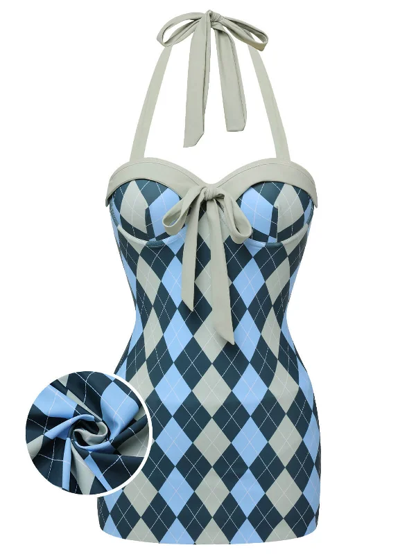 Blue Gray 1950s Argyle Halter One-Piece Swimsuit Trendy Women's Oversized