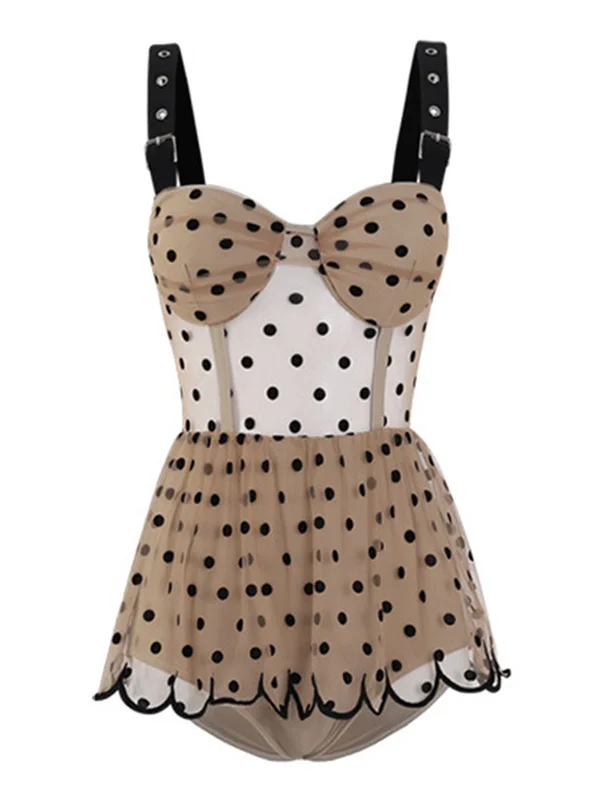 1960s Polka Dot Ruffled Skirted Swimsuit Artistic Women's Hand - painted