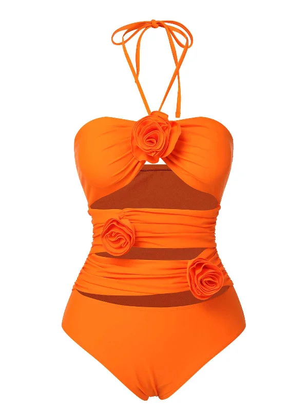 Orange Red 1950s Halter 3D Flower One-Piece Swimsuit Unique Women's Upcycled