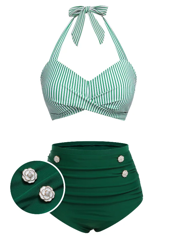 [Plus Size] Green 1940s Striped Halter Swimsuit Hip Women's Urban