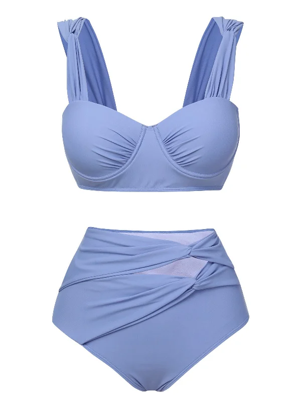 Blue Grey 1960s Wide Strap Wrinkle Swimsuit Refined Women's 