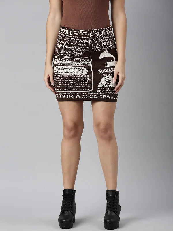 Women Self Design Brown Pencil Mini Skirt Preppy Women's College