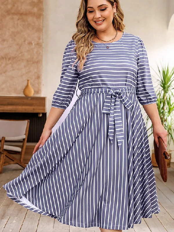 Plus Size Round Neck Striped Tie Waist Dress Modern Women's 