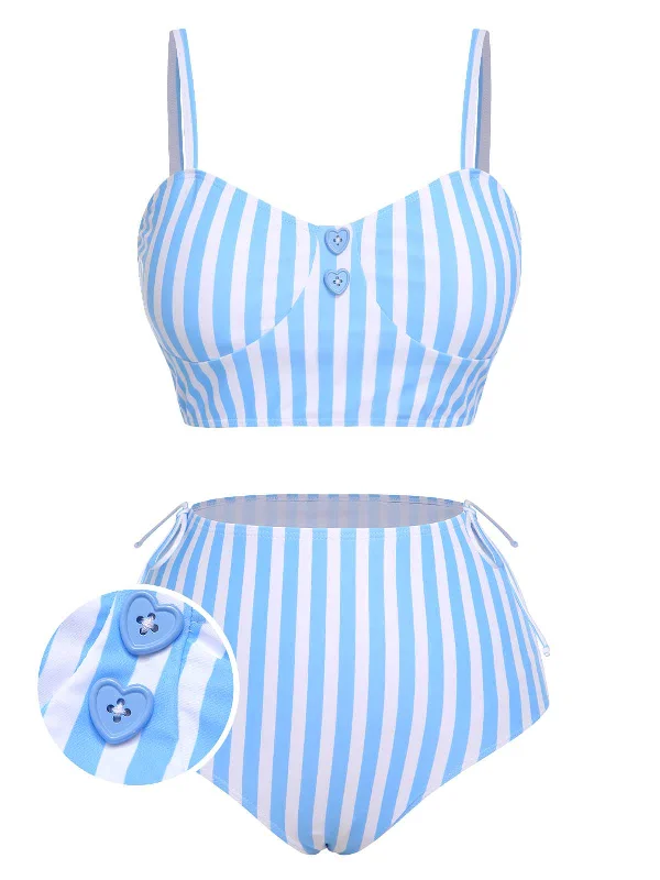 Blue 1950s Striped Heart Button Swimsuit Practical Women's Quick - dry