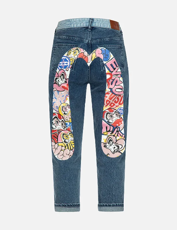 Graffiti Daruma Daicock Print Two-tone Jeans Youthful Women's Anime - inspired