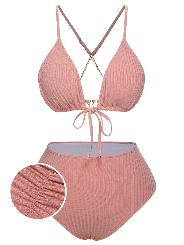 [Plus Size] Pink 1950s Solid Pleated Bikini Set garde