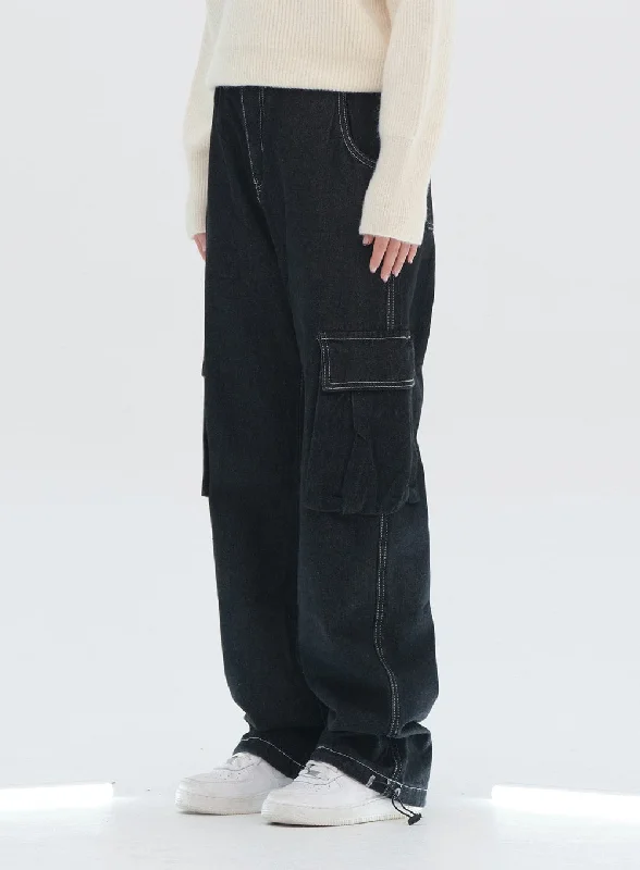 Wide Leg Denim Cargo Pants European