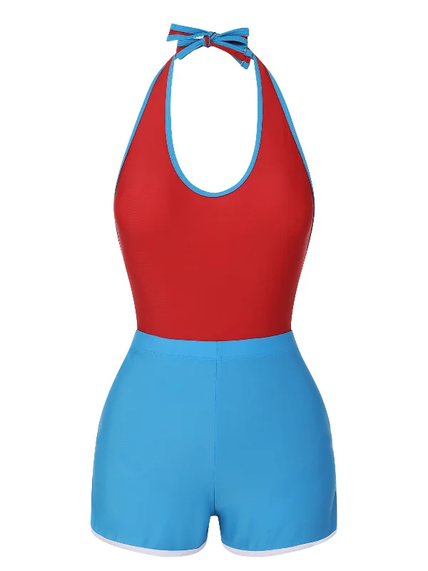 Red & Blue 1930s Solid Patchwork Swimsuit Set Casual Women's Loose - fitting