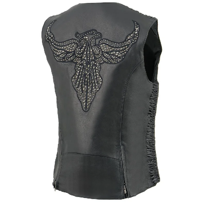 Milwaukee Leather MLL4570 Women's Studded Phoenix Black Leather Motorcycle Biker Vest w/ Embroidery Art Refined Women's Milwaukee Leather MLL4570 Women's Studded Phoenix Black Leather Motorcycle Biker Vest w/ Embroidery Art Refined Women's
