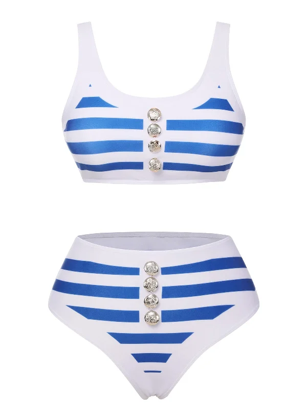 Blue & White 1950s Stripes Buttons Swimsuit Business