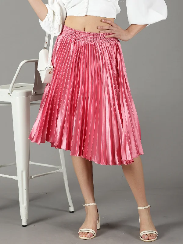 Women's Pink Solid Flared Skirt Feminine Women's Soft 