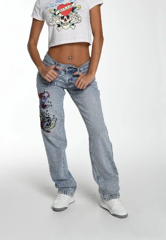 Womens Koi Wave Straight Leg Denim Trousers Jeans - Blue Gym