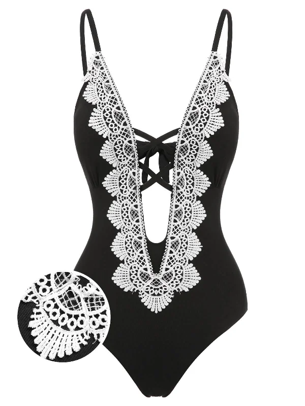 1930s Lace Knitted One-Piece Swimsuit Laid - back Women's Style