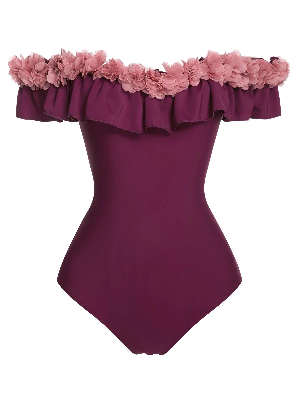 1940s Solid Petal Patchwork One Shoulder Swimsuit Feminine Women's Style 