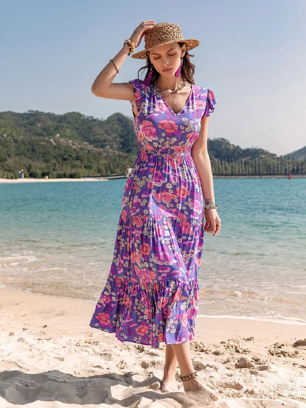 Printed V-Neck Midi Dress Traditional Women's Wool